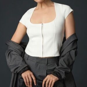 ANTHROPOLOGIE MAEVE Fitted Zipper Front Knit Scoop Neck Top Cap Sleeves NWT XL